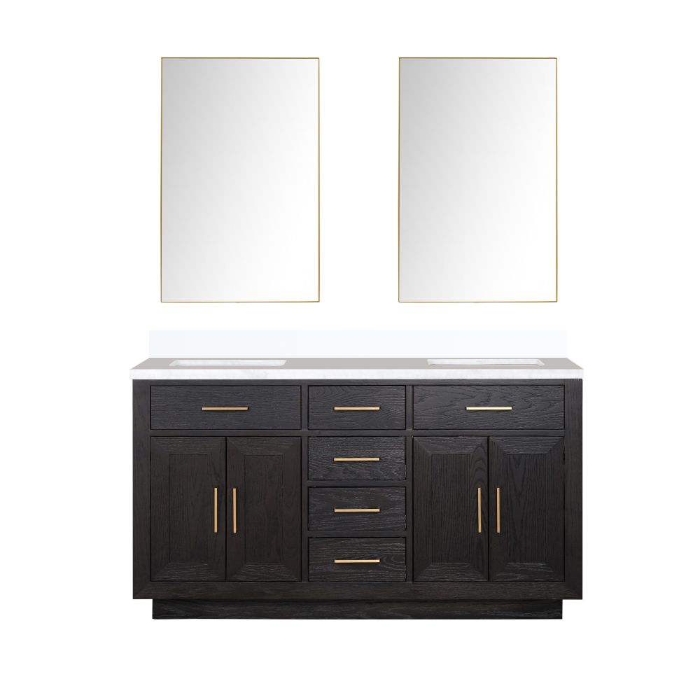 Abbey 60 in W x 22 in. D Black Oak Double Bath Vanity, White Quartz Top, and 28 in Mirrors