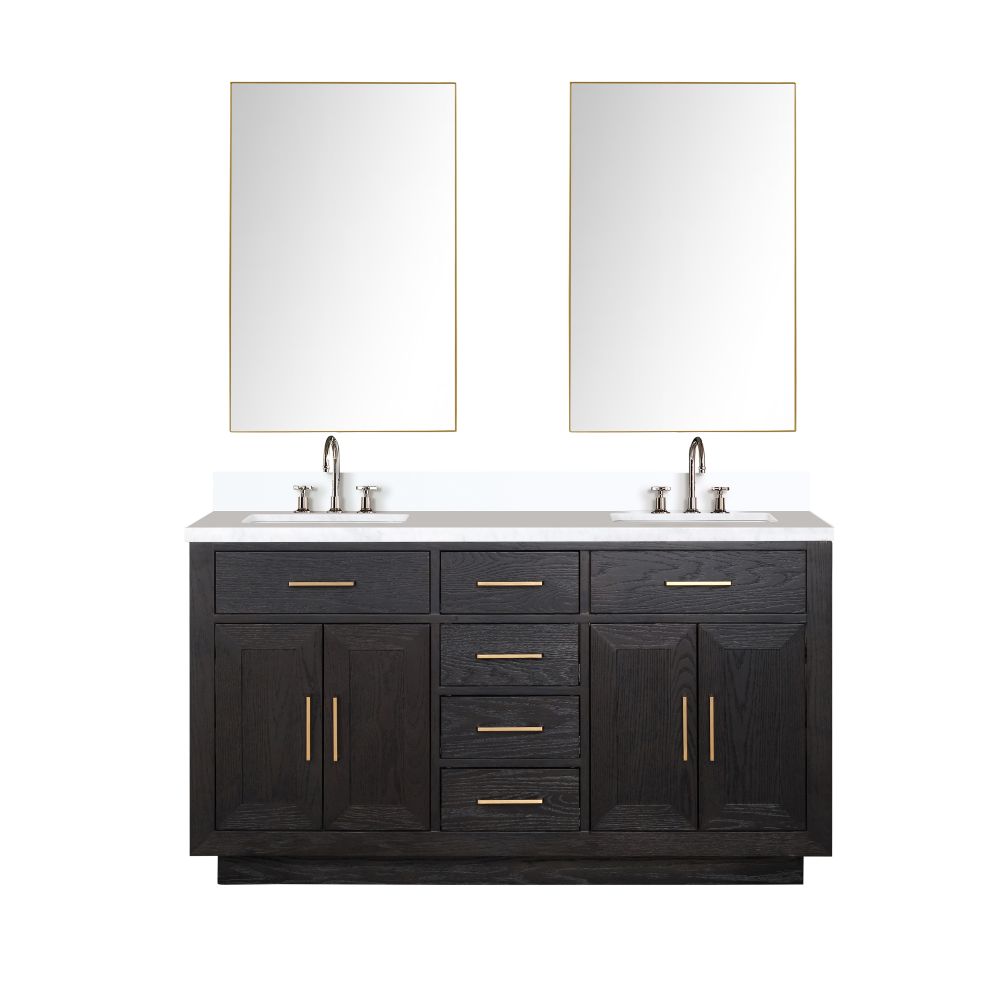 Abbey 60 in W x 22 in. D Black Oak Double Bath Vanity, White Quartz Top, Faucet Set, and 28 in Mirrors