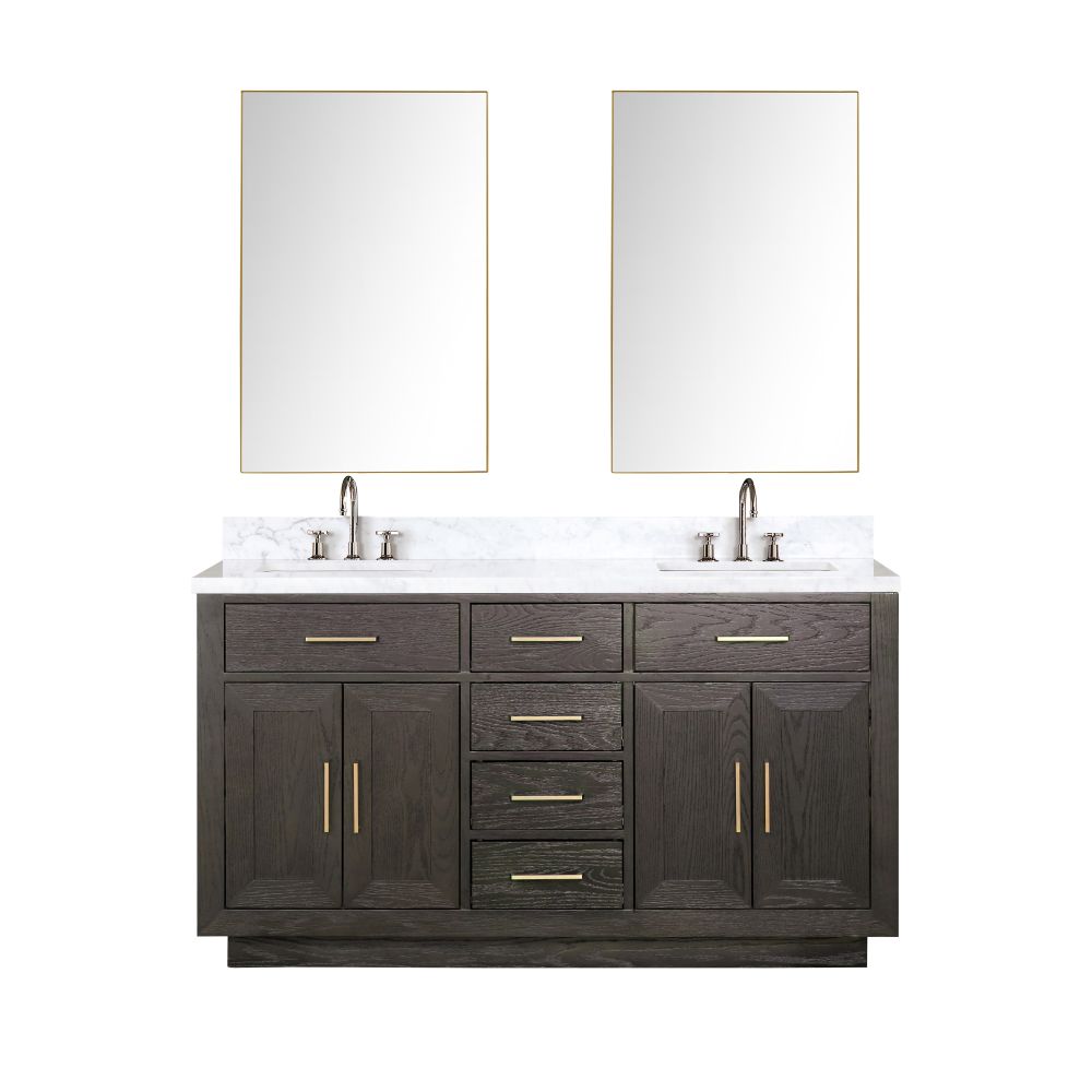 Abbey 60 in W x 22 in. D Brown Oak Double Bath Vanity, Carrara Marble Top, Faucet Set, and 28 in Mirrors