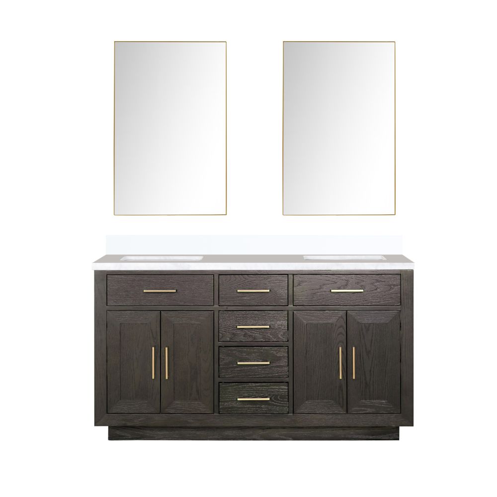 Abbey 60 in W x 22 in. D Brown Oak Double Bath Vanity, White Quartz Top, and 28 in Mirrors