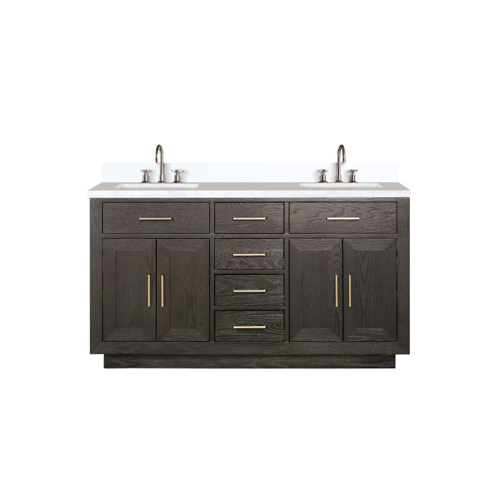Abbey 60 in W x 22 in. D Brown Oak Double Bath Vanity, Cultured Marble Top, and Faucet Set