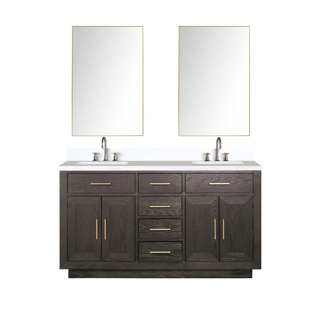 Abbey 60 in W x 22 in. D Brown Oak Double Bath Vanity, Cultured Marble Top, Faucet Set, and 28 in Mirrors