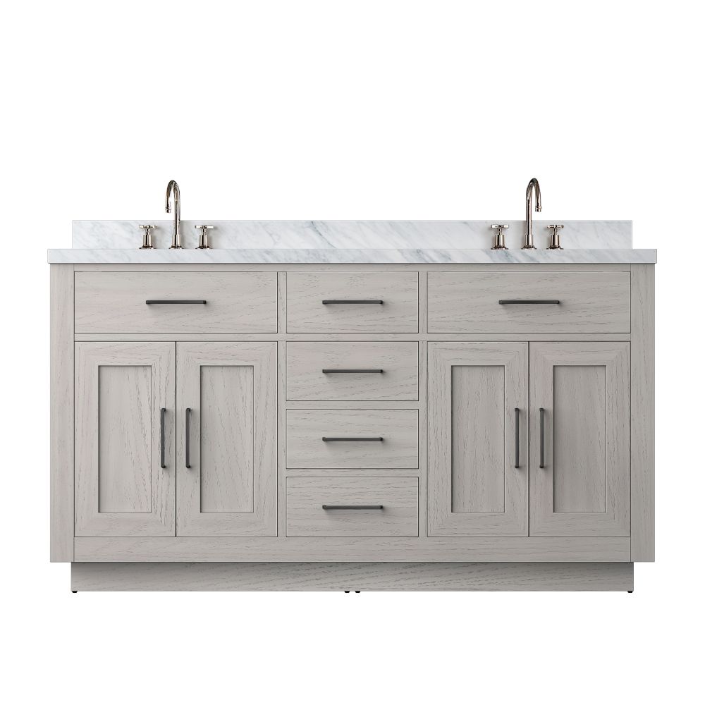 Abbey 60 in W x 22 in. D White Oak Double Bath Vanity, Carrara Marble Top, and Faucet Set