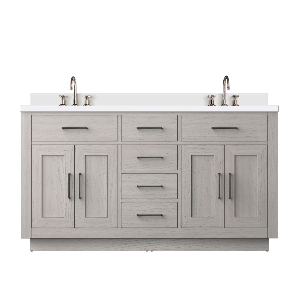 Abbey 60 in W x 22 in. D White Oak Double Bath Vanity, Cultured Marble Top, and Faucet Set