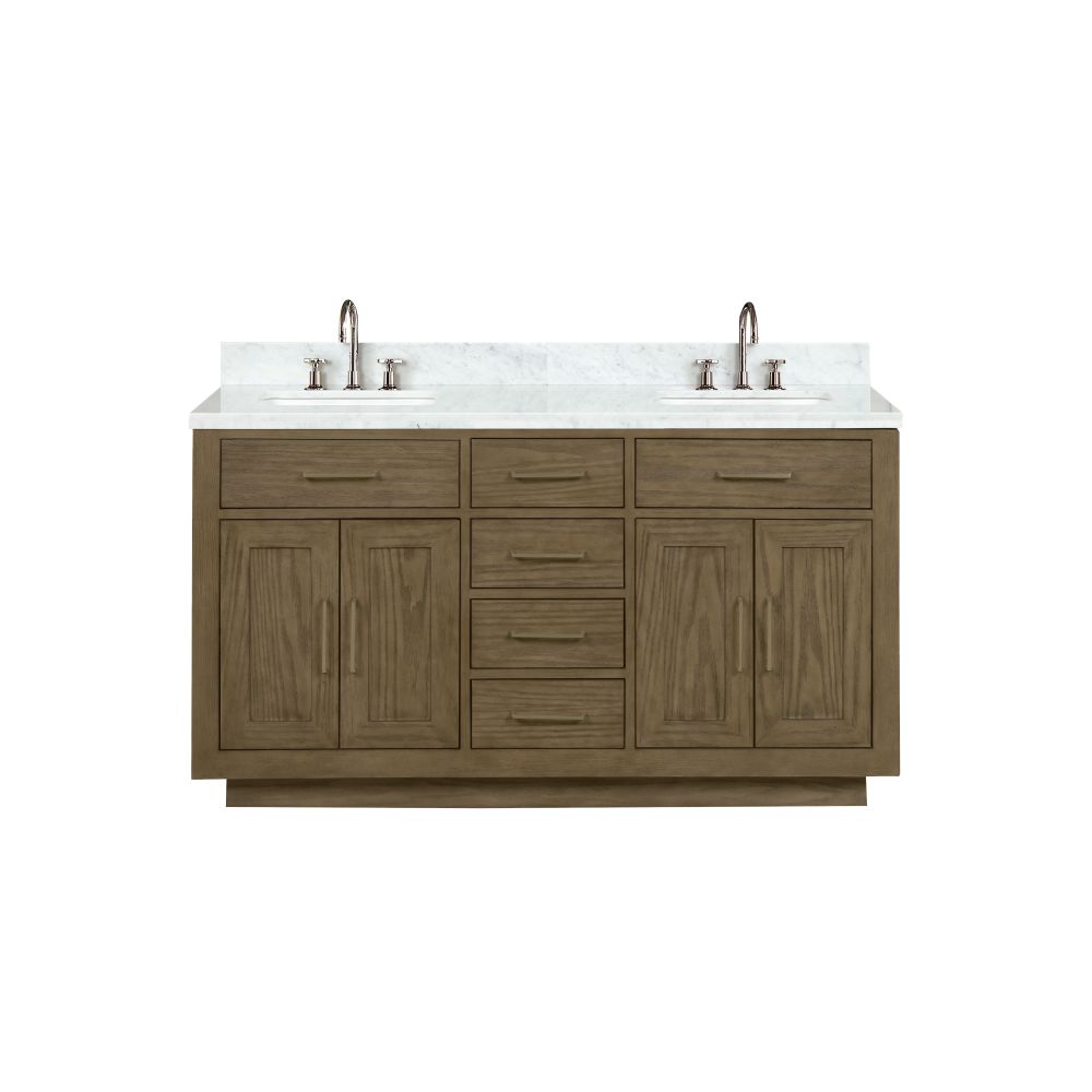 Abbey 60 in W x 22 in. D Grey Oak Double Bath Vanity, Carrara Marble Top, and Faucet Set