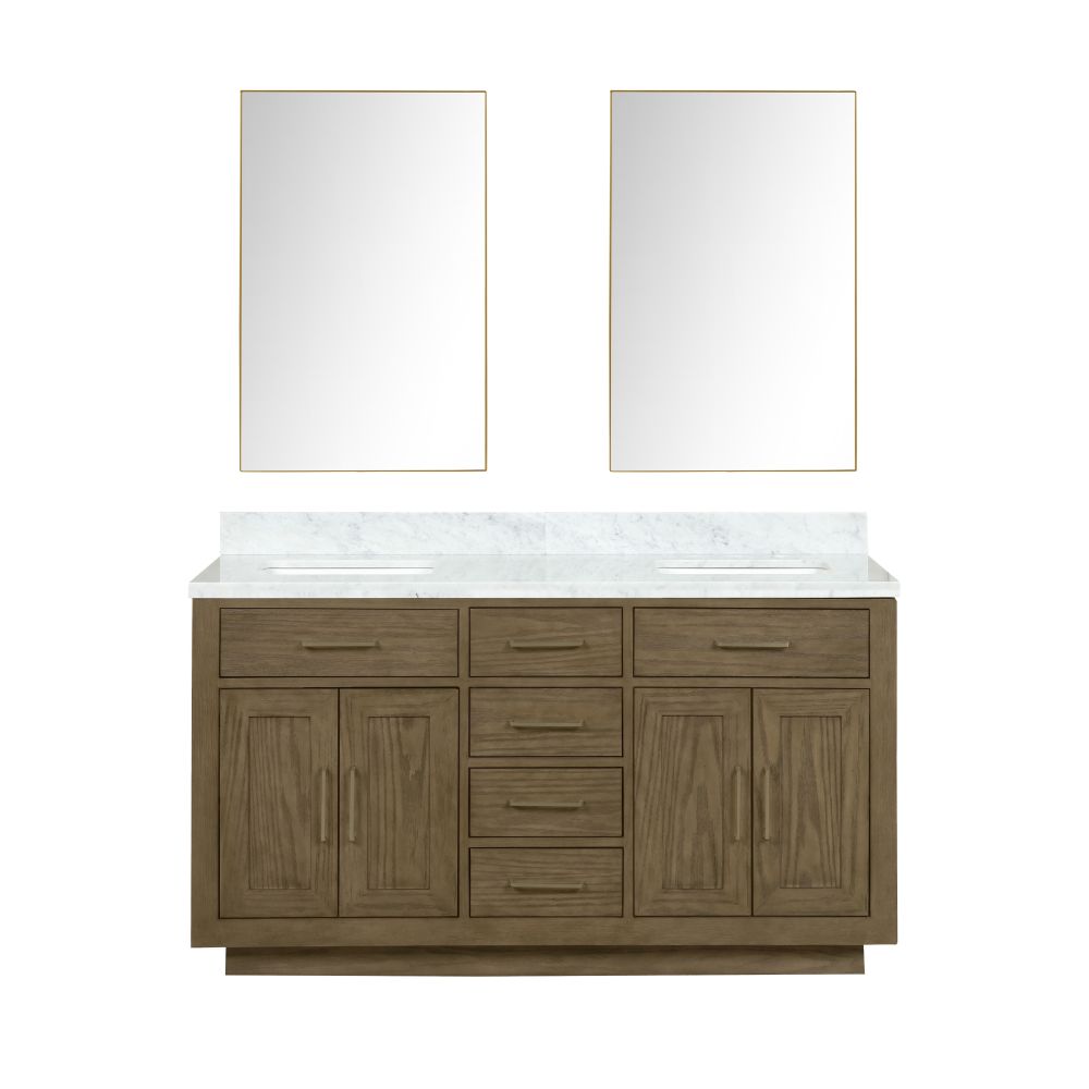 Abbey 60 in W x 22 in. D Grey Oak Double Bath Vanity, Carrara Marble Top, and 28 in Mirrors
