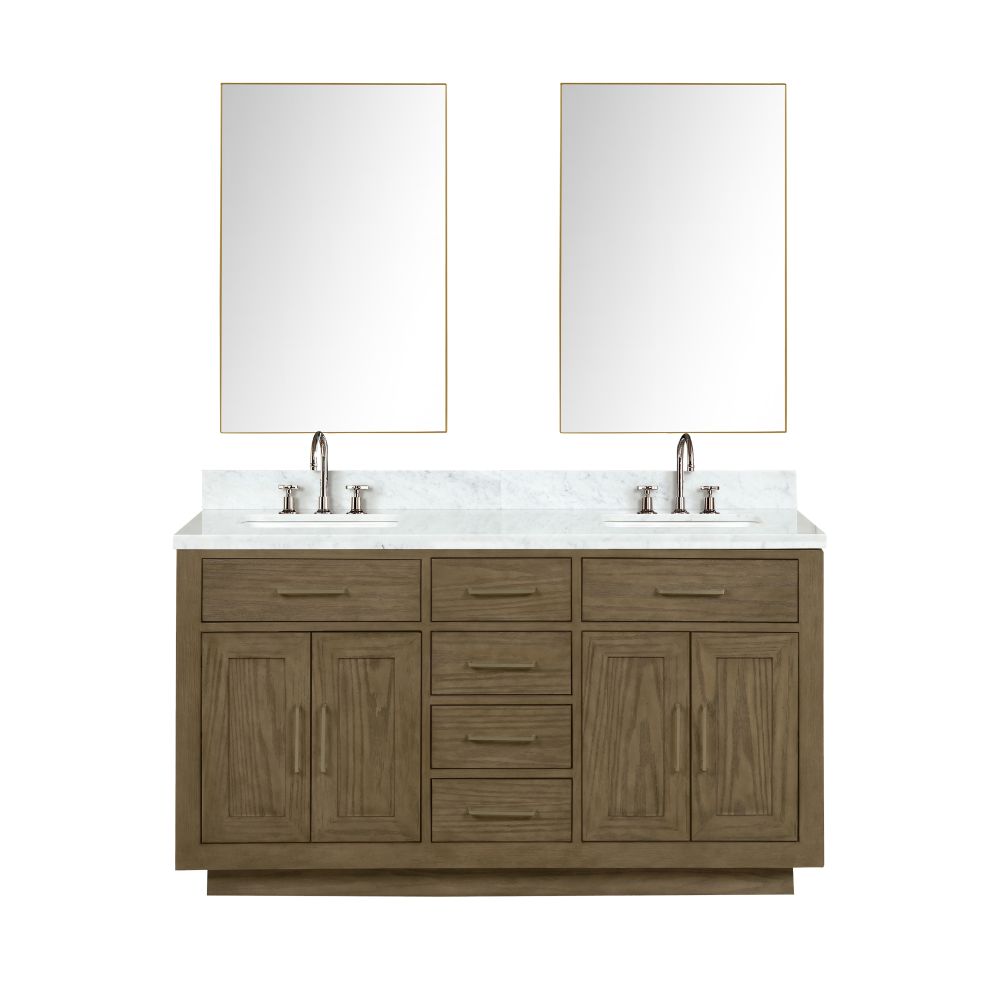 Abbey 60 in W x 22 in. D Grey Oak Double Bath Vanity, Carrara Marble Top, Faucet Set, and 28 in Mirrors