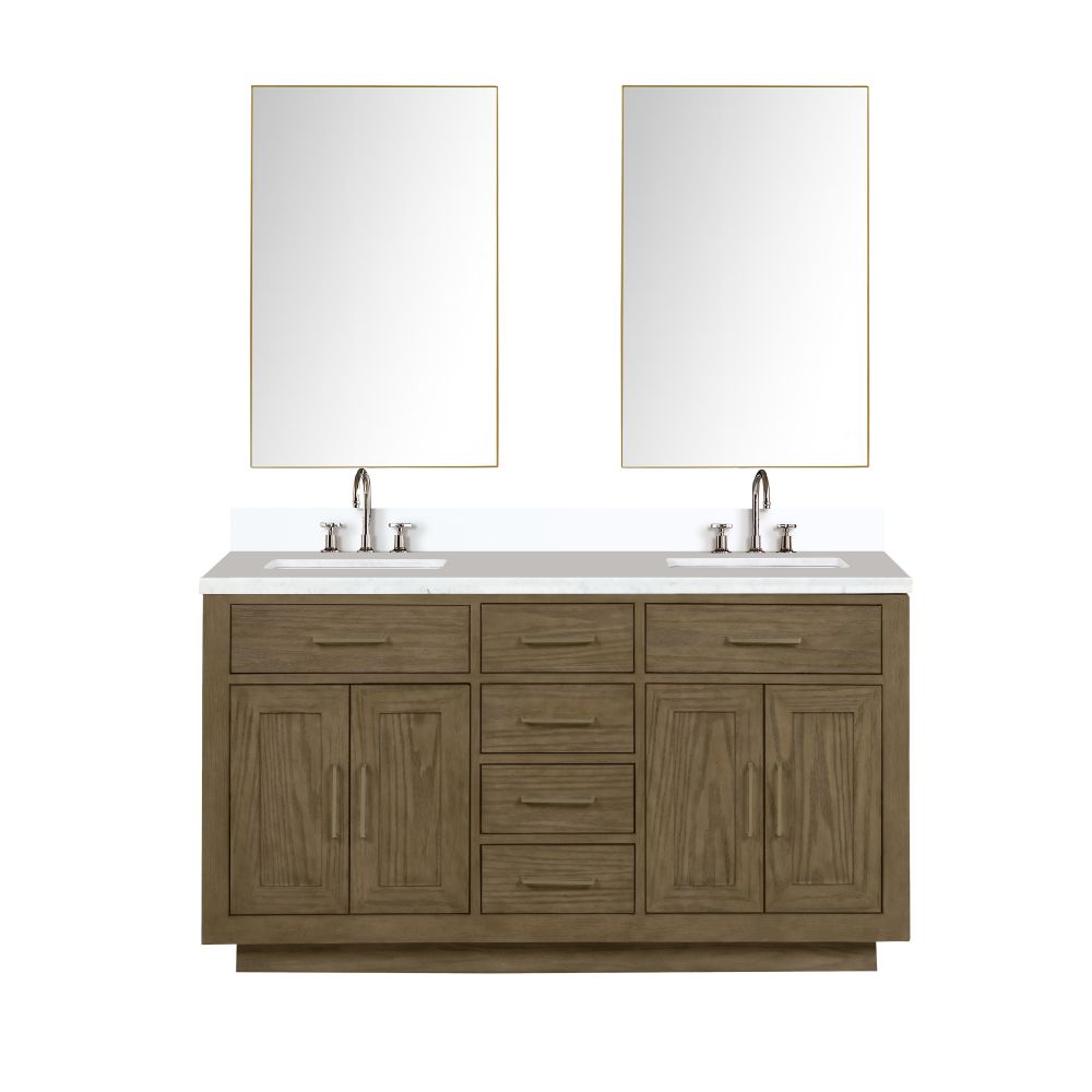 Abbey 60 in W x 22 in. D Grey Oak Double Bath Vanity, White Quartz Top, Faucet Set, and 28 in Mirrors