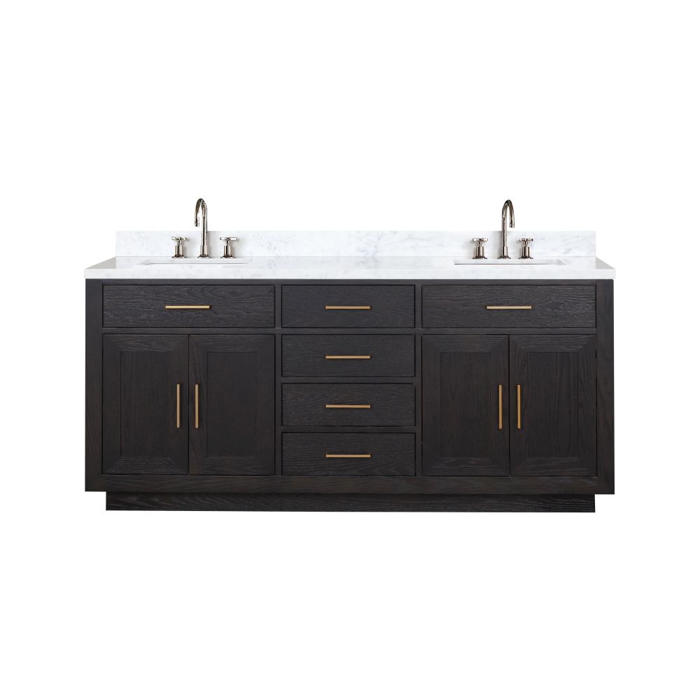 Abbey 72 in W x 22 in. D Black Oak Double Bath Vanity, Carrara Marble Top, and Faucet Set