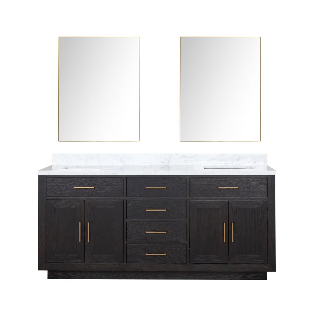 Abbey 72 in W x 22 in. D Black Oak Double Bath Vanity, Carrara Marble Top, and 34 in Mirrors