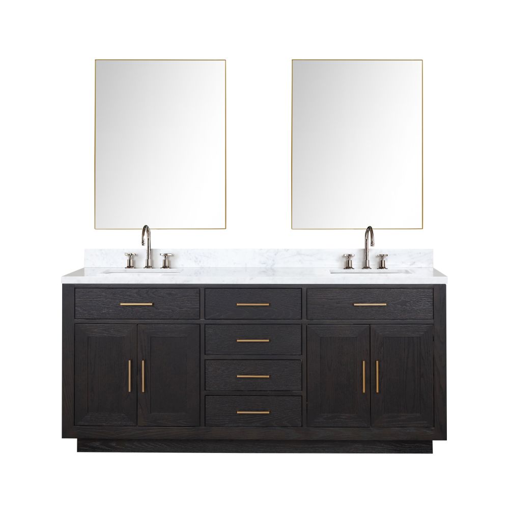 Abbey 72 in W x 22 in. D Black Oak Double Bath Vanity, Carrara Marble Top, Faucet Set, and 34 in Mirrors
