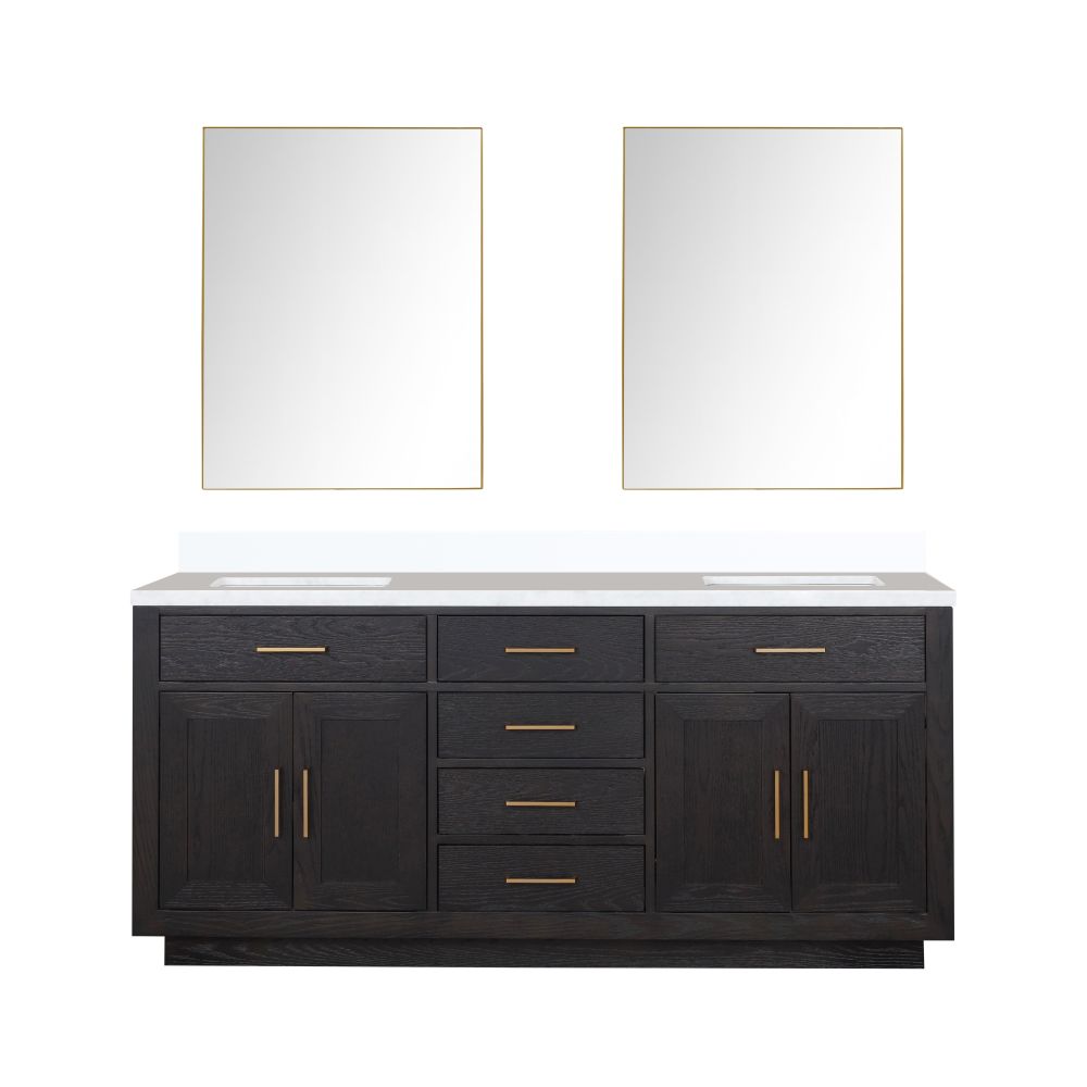 Abbey 72 in W x 22 in. D Black Oak Double Bath Vanity, White Quartz Top, and 34 in Mirrors