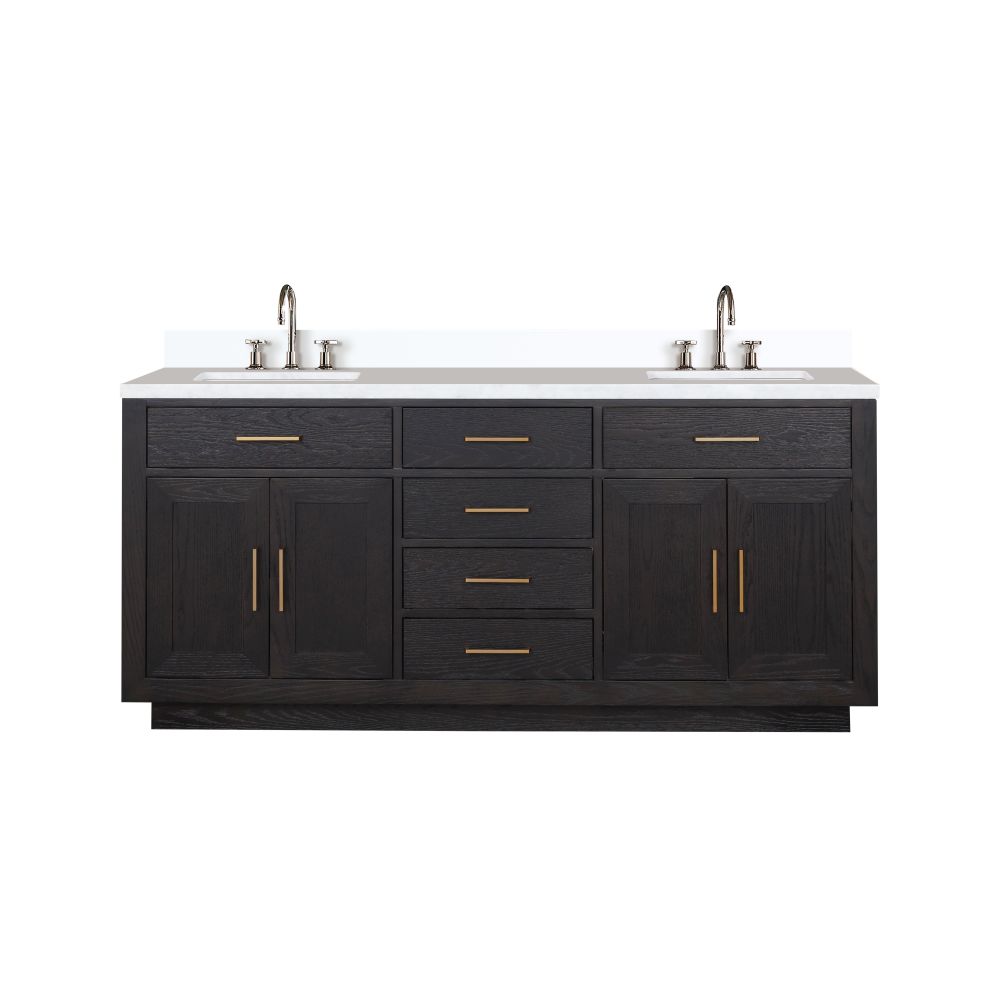 Abbey 72 in W x 22 in. D Black Oak Double Bath Vanity, Cultured Marble Top, and Faucet Set