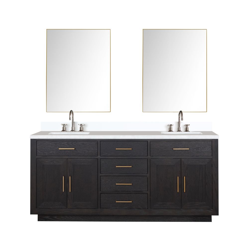 Abbey 72 in W x 22 in. D Black Oak Double Bath Vanity, Cultured Marble Top, Faucet Set, and 34 in Mirrors