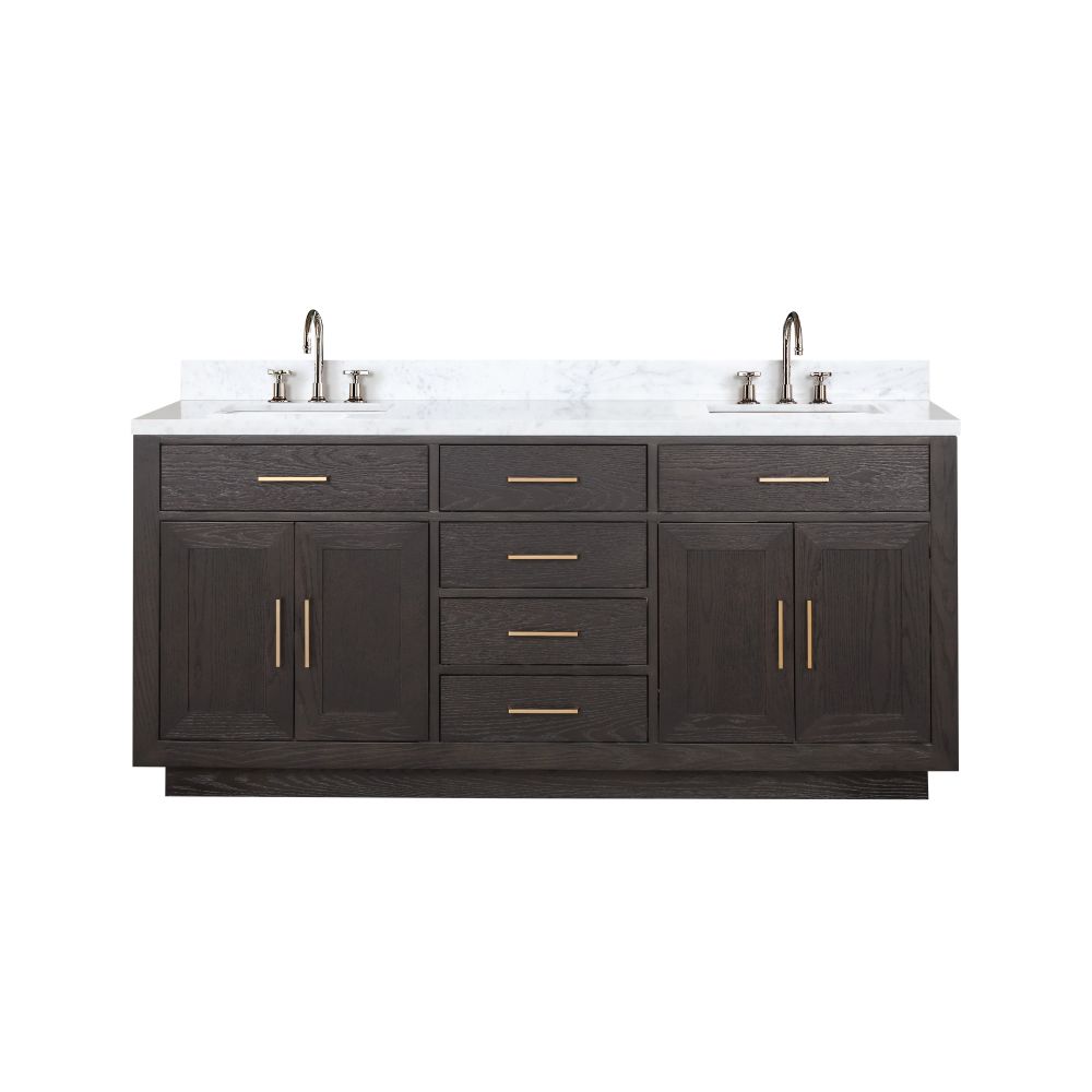 Abbey 72 in W x 22 in. D Brown Oak Double Bath Vanity, Carrara Marble Top, and Faucet Set