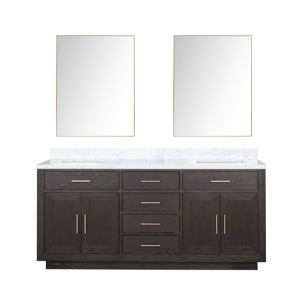 Abbey 72 in W x 22 in. D Brown Oak Double Bath Vanity, Carrara Marble Top, and 34 in Mirrors