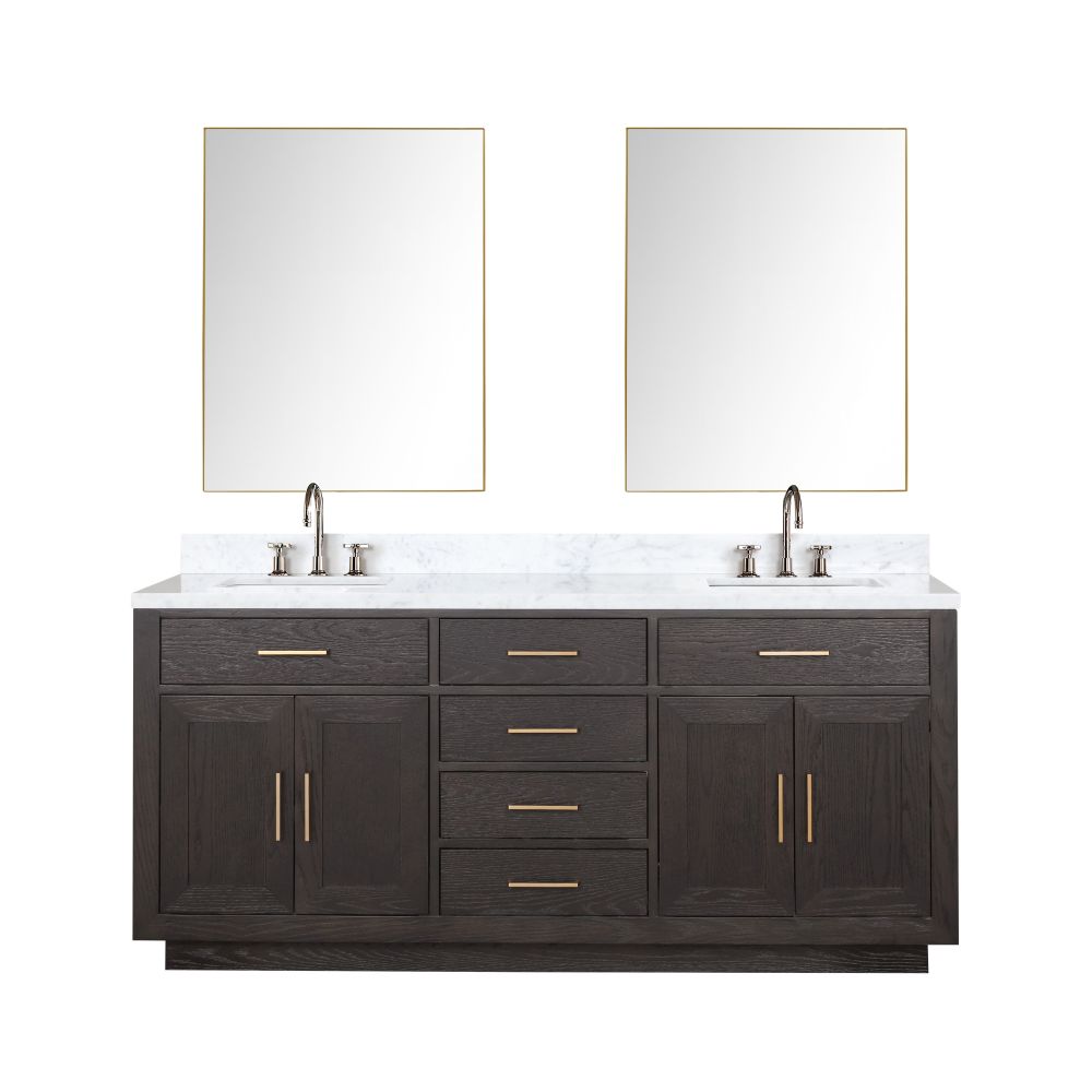 Abbey 72 in W x 22 in. D Brown Oak Double Bath Vanity, Carrara Marble Top, Faucet Set, and 34 in Mirrors