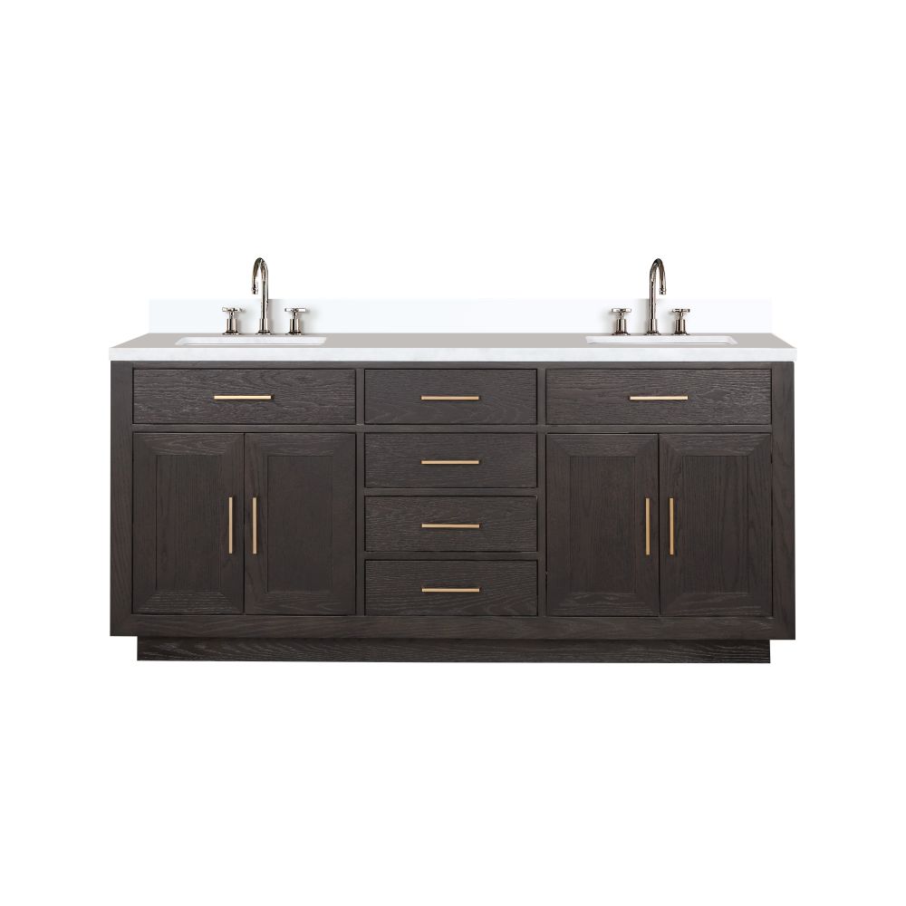 Abbey 72 in W x 22 in. D Brown Oak Double Bath Vanity, Cultured Marble Top, and Faucet Set