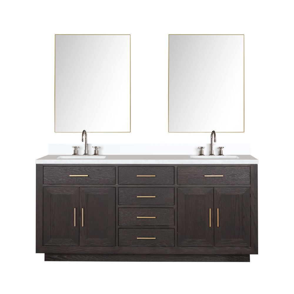 Abbey 72 in W x 22 in. D Brown Oak Double Bath Vanity, Cultured Marble Top, Faucet Set, and 34 in Mirrors
