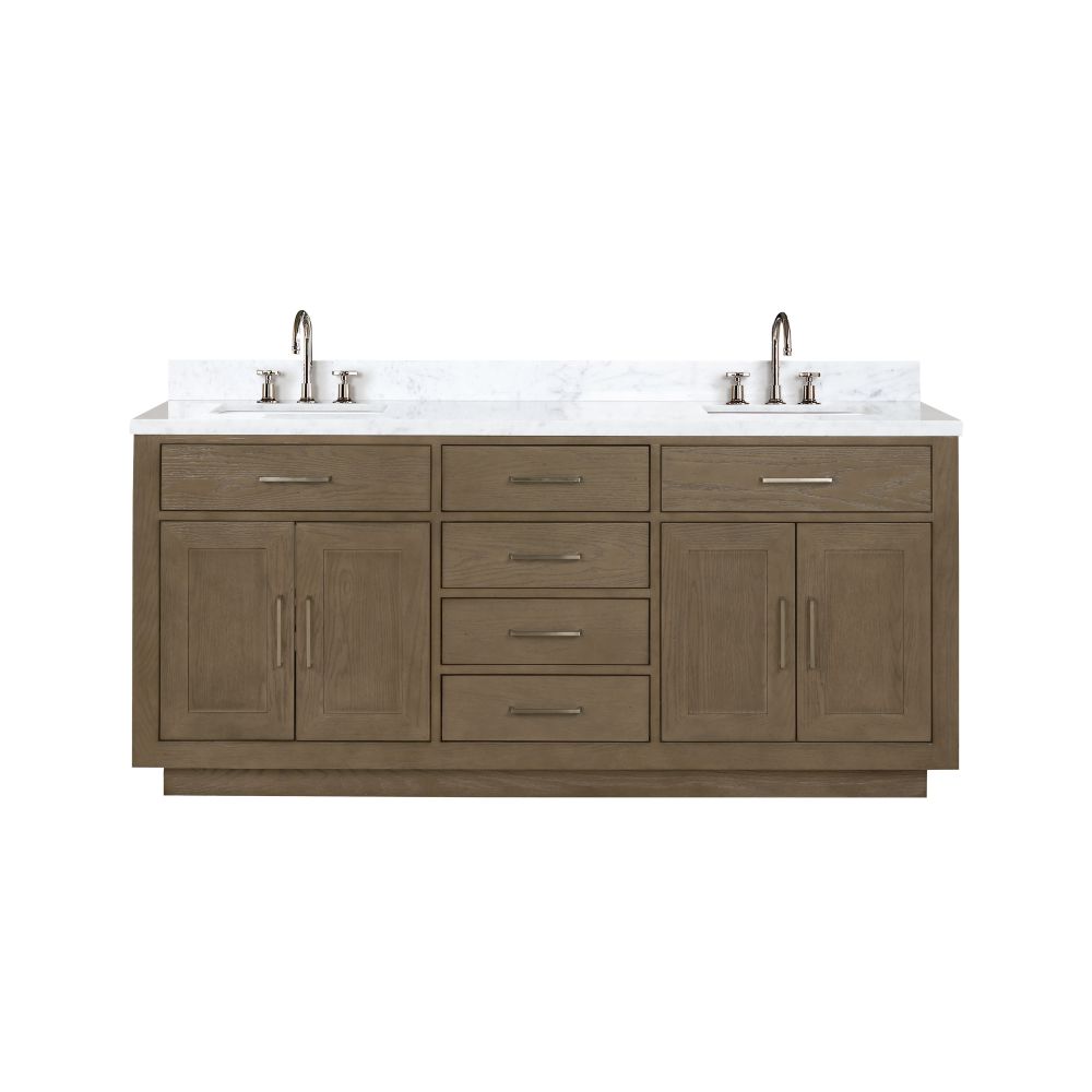 Abbey 72 in W x 22 in. D Grey Oak Double Bath Vanity, Carrara Marble Top, and Faucet Set