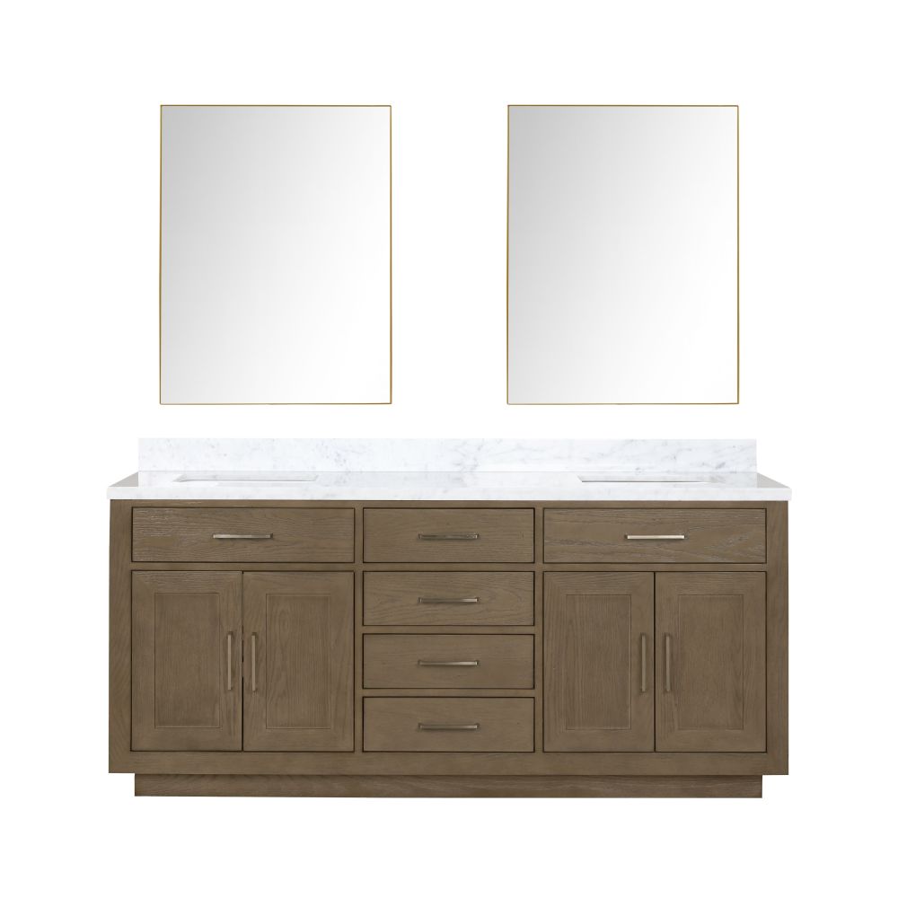 Abbey 72 in W x 22 in. D Grey Oak Double Bath Vanity, Carrara Marble Top, and 34 in Mirrors