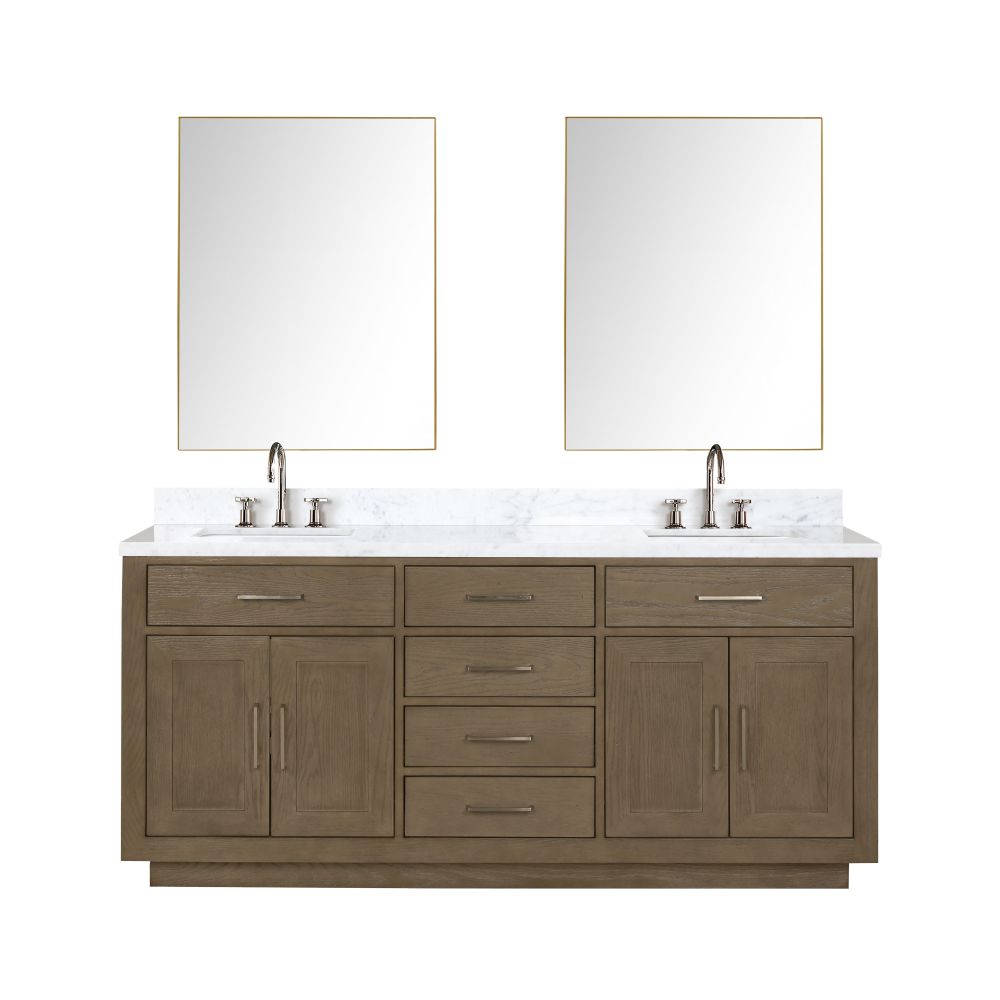 Abbey 72 in W x 22 in. D Grey Oak Double Bath Vanity, Carrara Marble Top, Faucet Set, and 34 in Mirrors