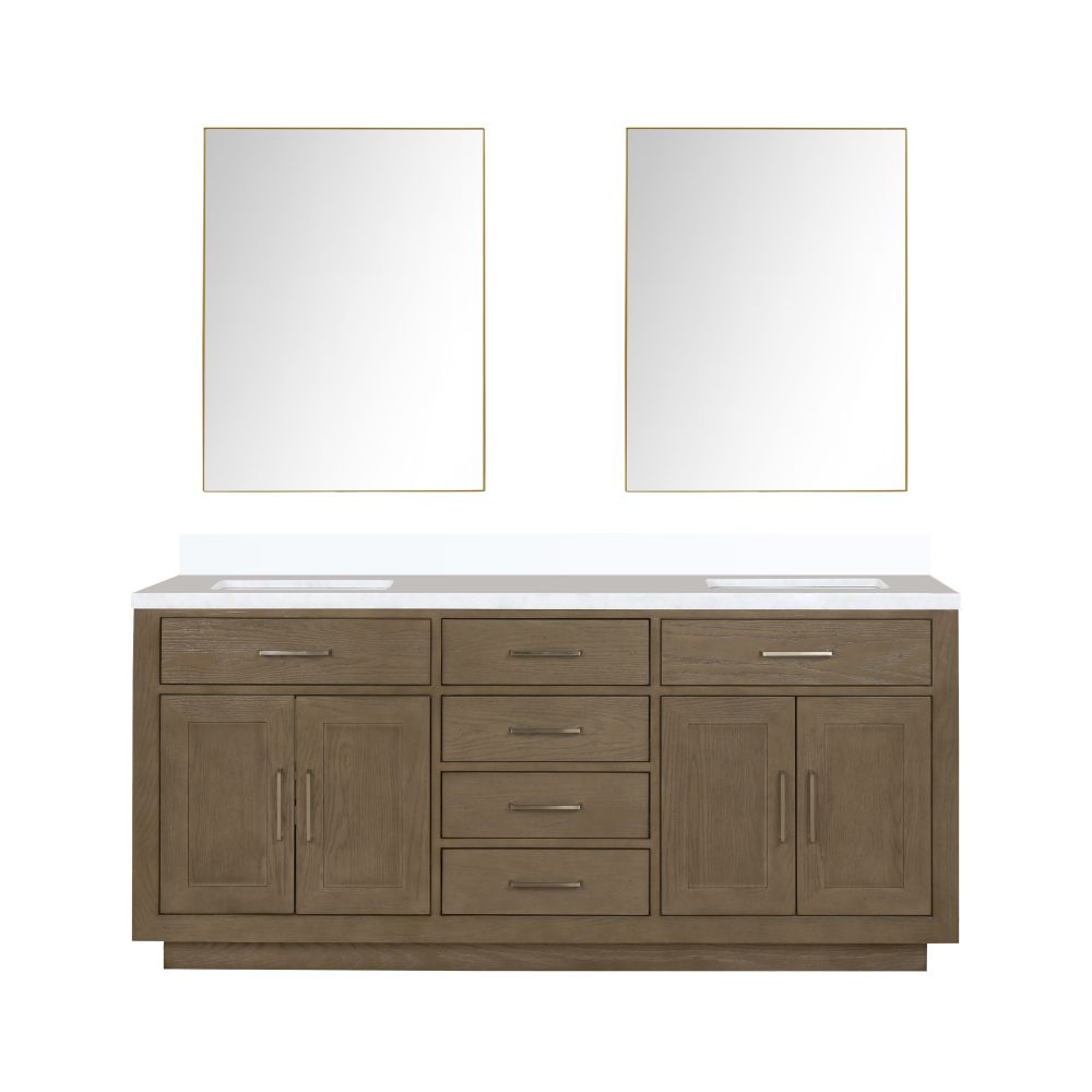 Abbey 72 in W x 22 in. D Grey Oak Double Bath Vanity, White Quartz Top, and 34 in Mirrors