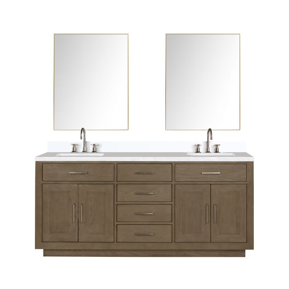 Abbey 72 in W x 22 in. D Grey Oak Double Bath Vanity, White Quartz Top, Faucet Set, and 34 in Mirrors
