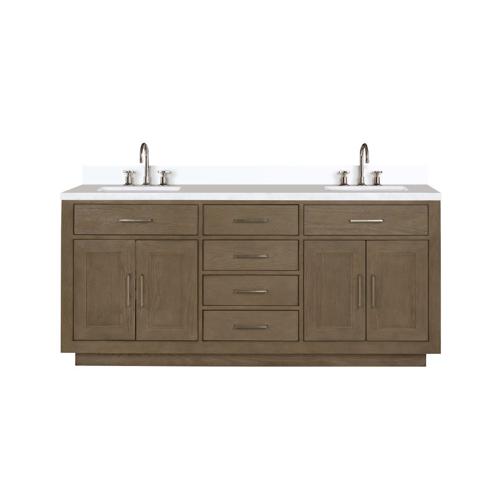 Abbey 72 in W x 22 in. D Grey Oak Double Bath Vanity, Cultured Marble Top, and Faucet Set