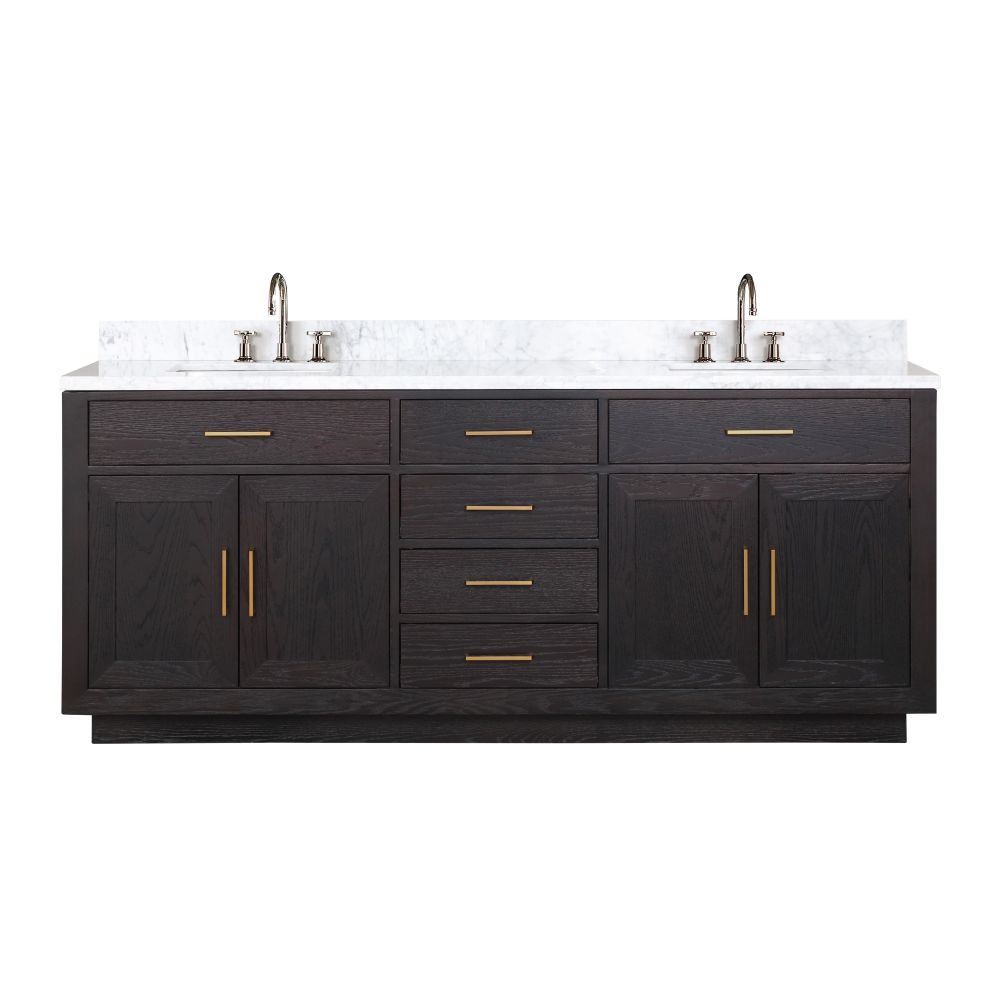 Abbey 80 in W x 22 in. D Black Oak Double Bath Vanity, Carrara Marble Top, and Faucet Set
