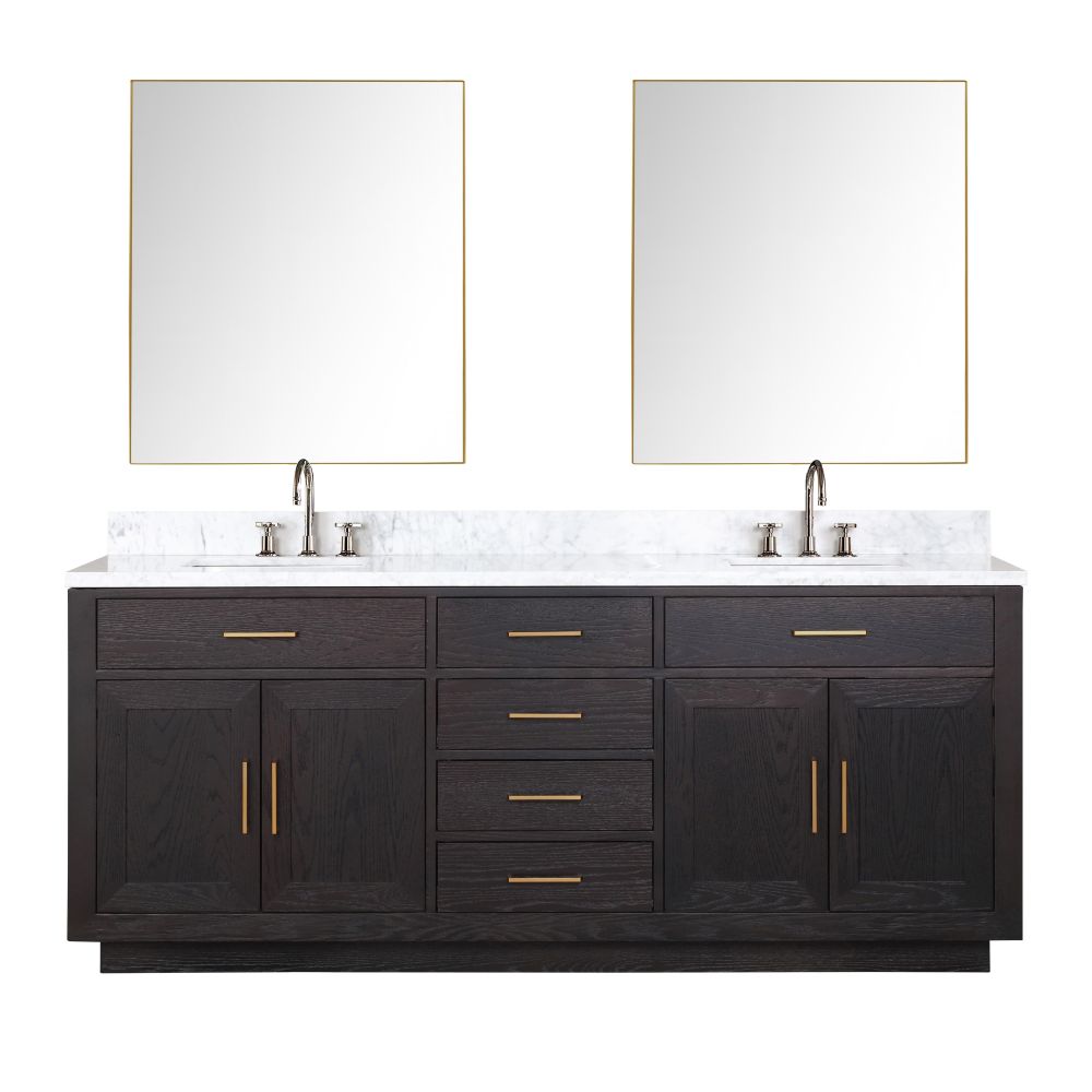 Abbey 80 in W x 22 in. D Black Oak Double Bath Vanity, Carrara Marble Top, Faucet Set, and 36 in Mirrors