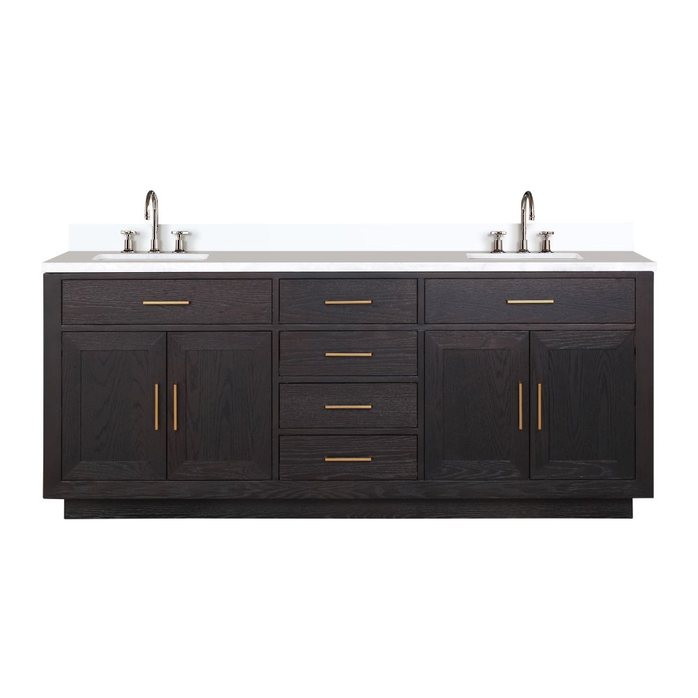 Abbey 80 in W x 22 in. D Black Oak Double Bath Vanity, White Quartz Top, and Faucet Set