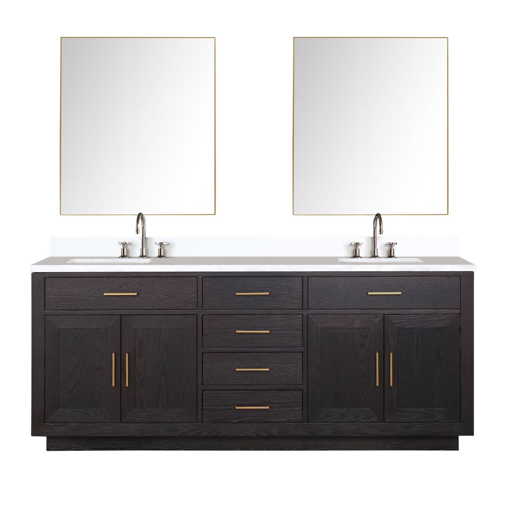 Abbey 80 in W x 22 in. D Black Oak Double Bath Vanity, Cultured Marble Top, Faucet Set, and 36 in Mirrors