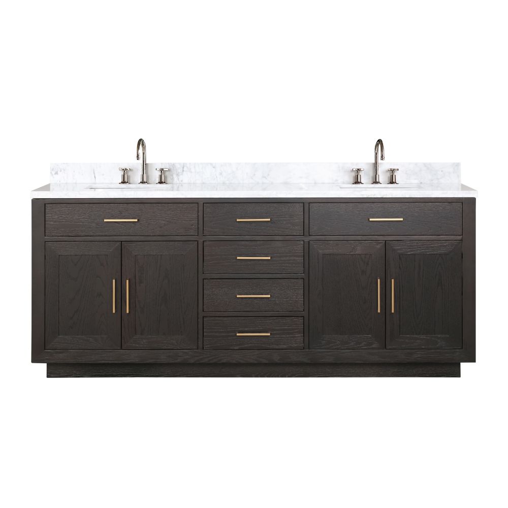 Abbey 80 in W x 22 in. D Brown Oak Double Bath Vanity, Carrara Marble Top, and Faucet Set