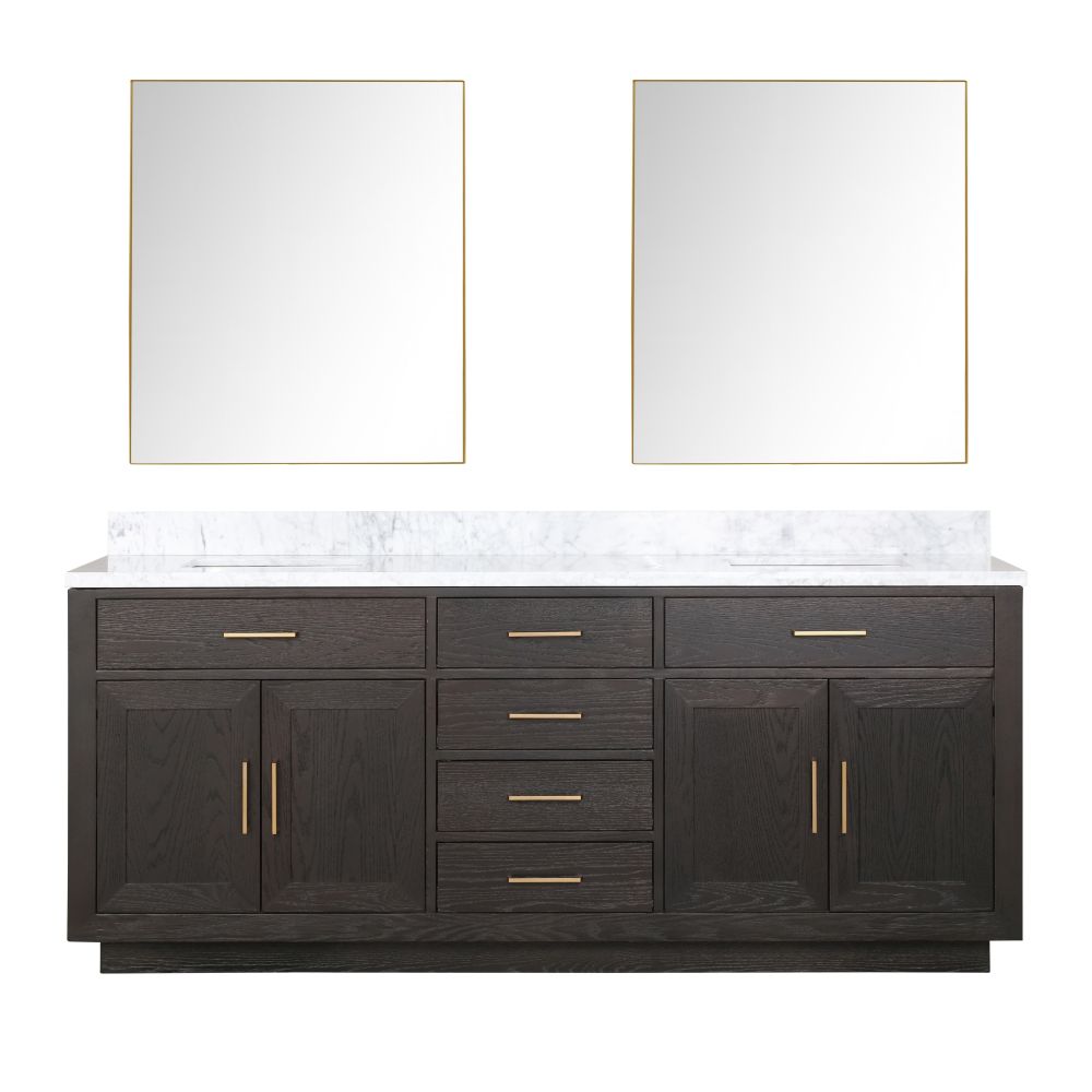 Abbey 80 in W x 22 in. D Brown Oak Double Bath Vanity, Carrara Marble Top, and 36 in Mirrors