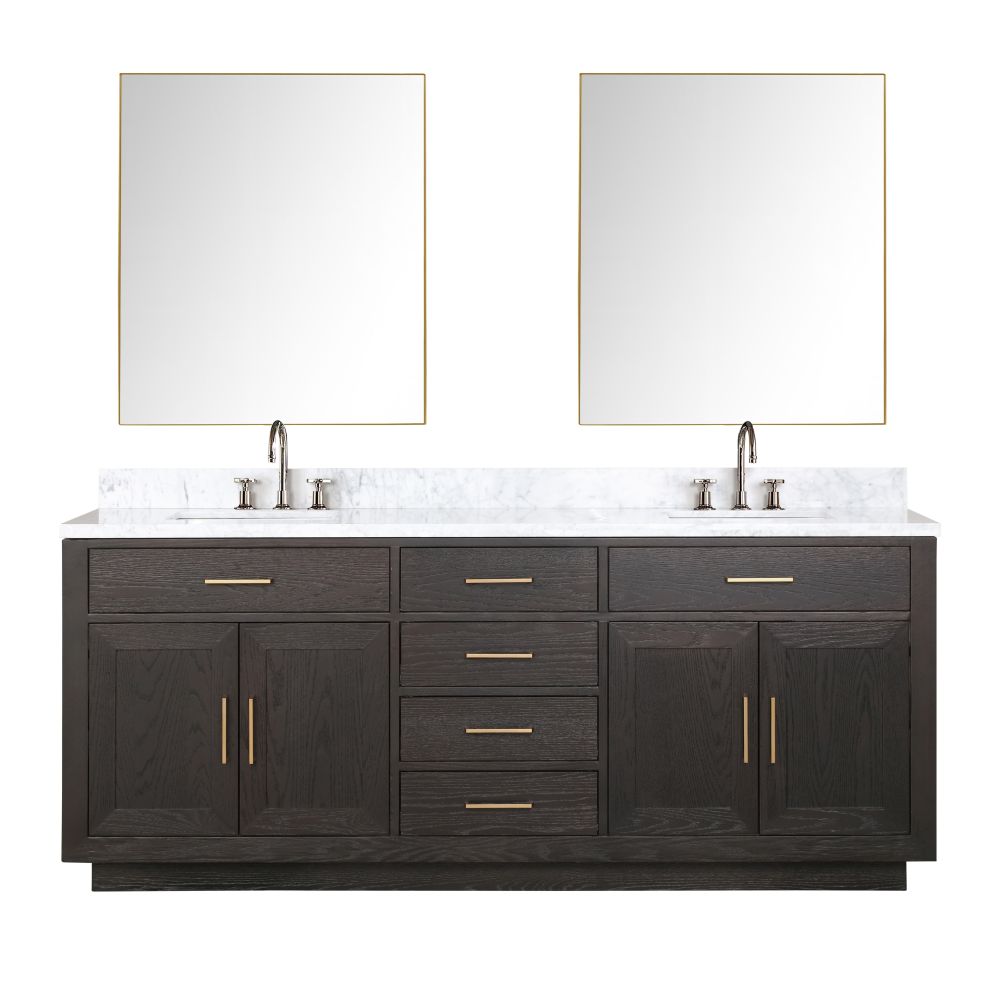 Abbey 80 in W x 22 in. D Brown Oak Double Bath Vanity, Carrara Marble Top, Faucet Set, and 36 in Mirrors