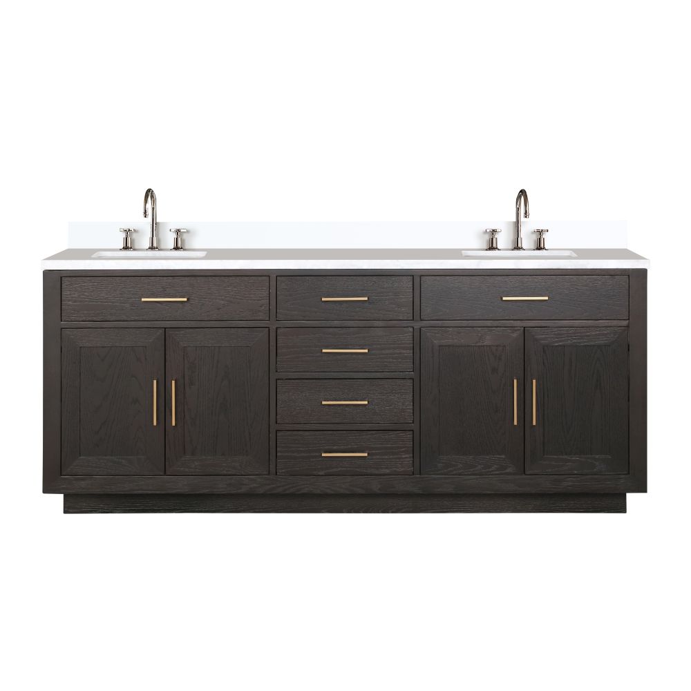Abbey 80 in W x 22 in. D Brown Oak Double Bath Vanity, White Quartz Top, and Faucet Set