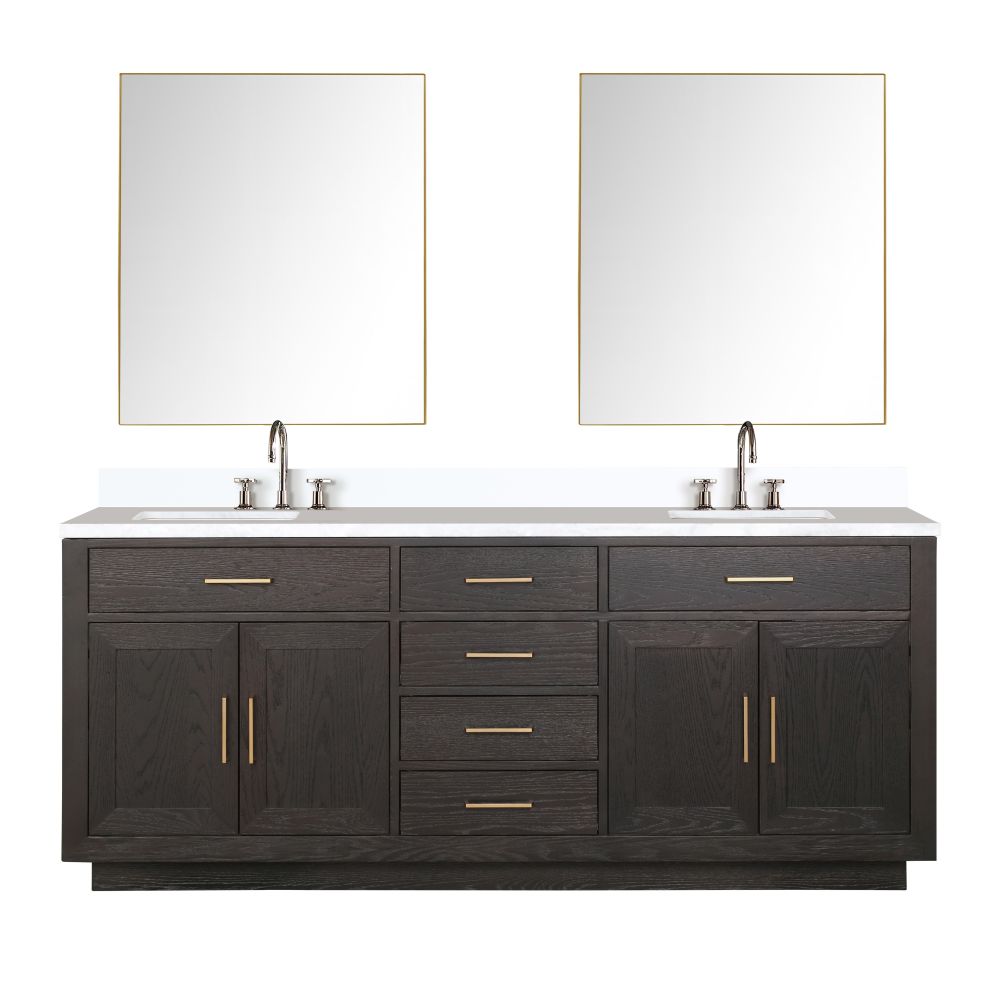 Abbey 80 in W x 22 in. D Brown Oak Double Bath Vanity, Cultured Marble Top, Faucet Set, and 36 in Mirrors