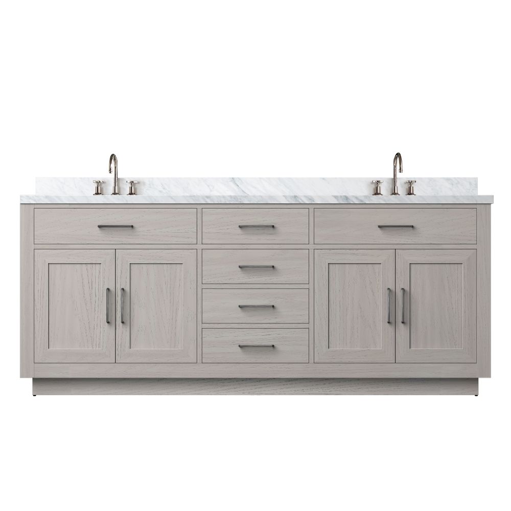 Abbey 80 in W x 22 in. D White Oak Double Bath Vanity, Carrara Marble Top, and Faucet Set