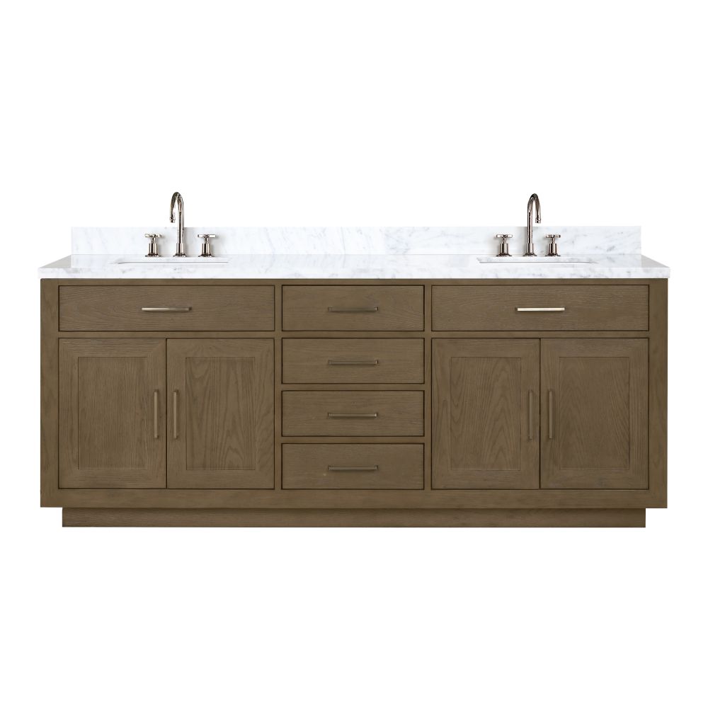 Abbey 80 in W x 22 in. D Grey Oak Double Bath Vanity, Carrara Marble Top, and Faucet Set