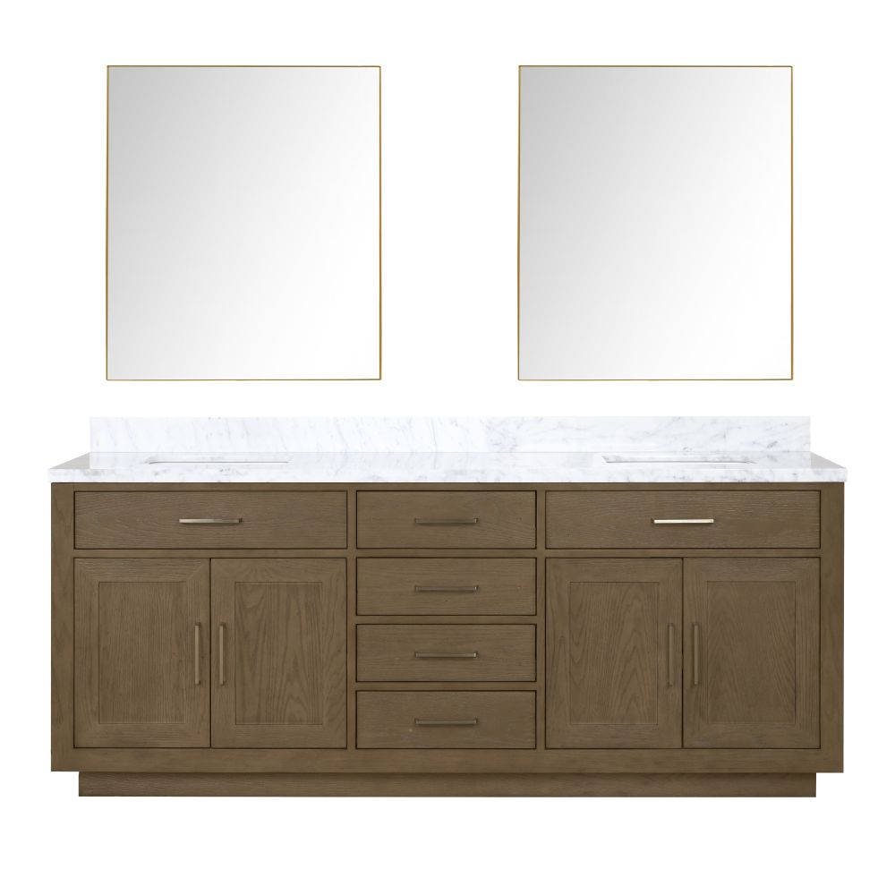 Abbey 80 in W x 22 in. D Grey Oak Double Bath Vanity, Carrara Marble Top, and 36 in Mirrors