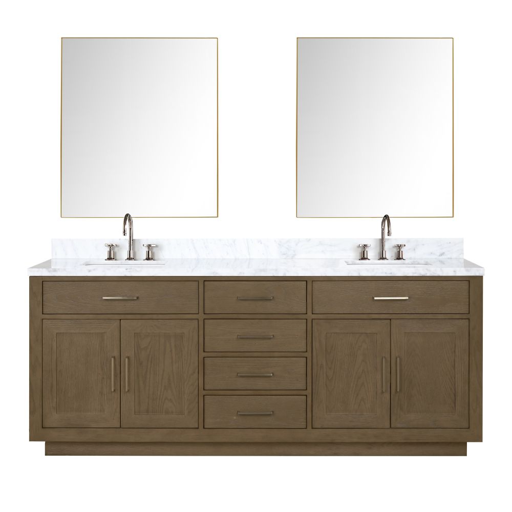 Abbey 80 in W x 22 in. D Grey Oak Double Bath Vanity, Carrara Marble Top, Faucet Set, and 36 in Mirrors
