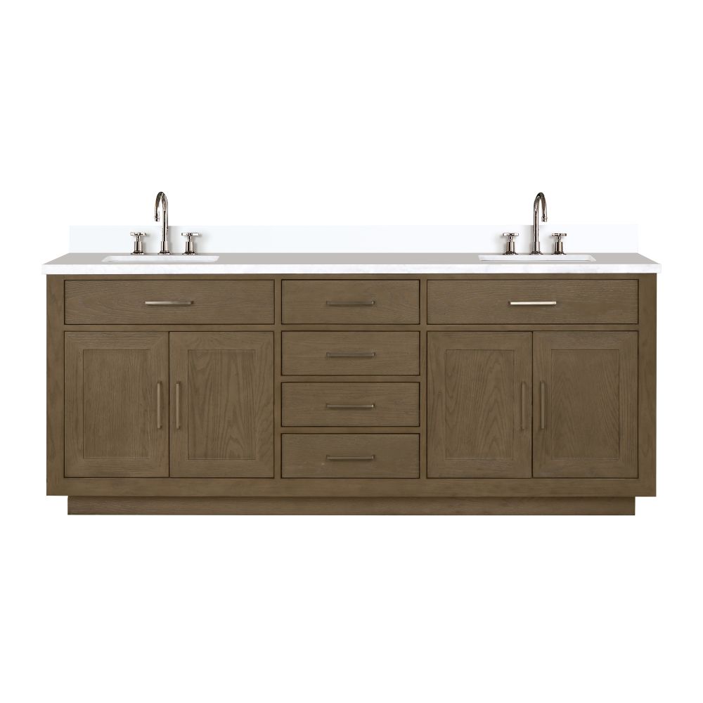 Abbey 80 in W x 22 in. D Grey Oak Double Bath Vanity, White Quartz Top, and Faucet Set