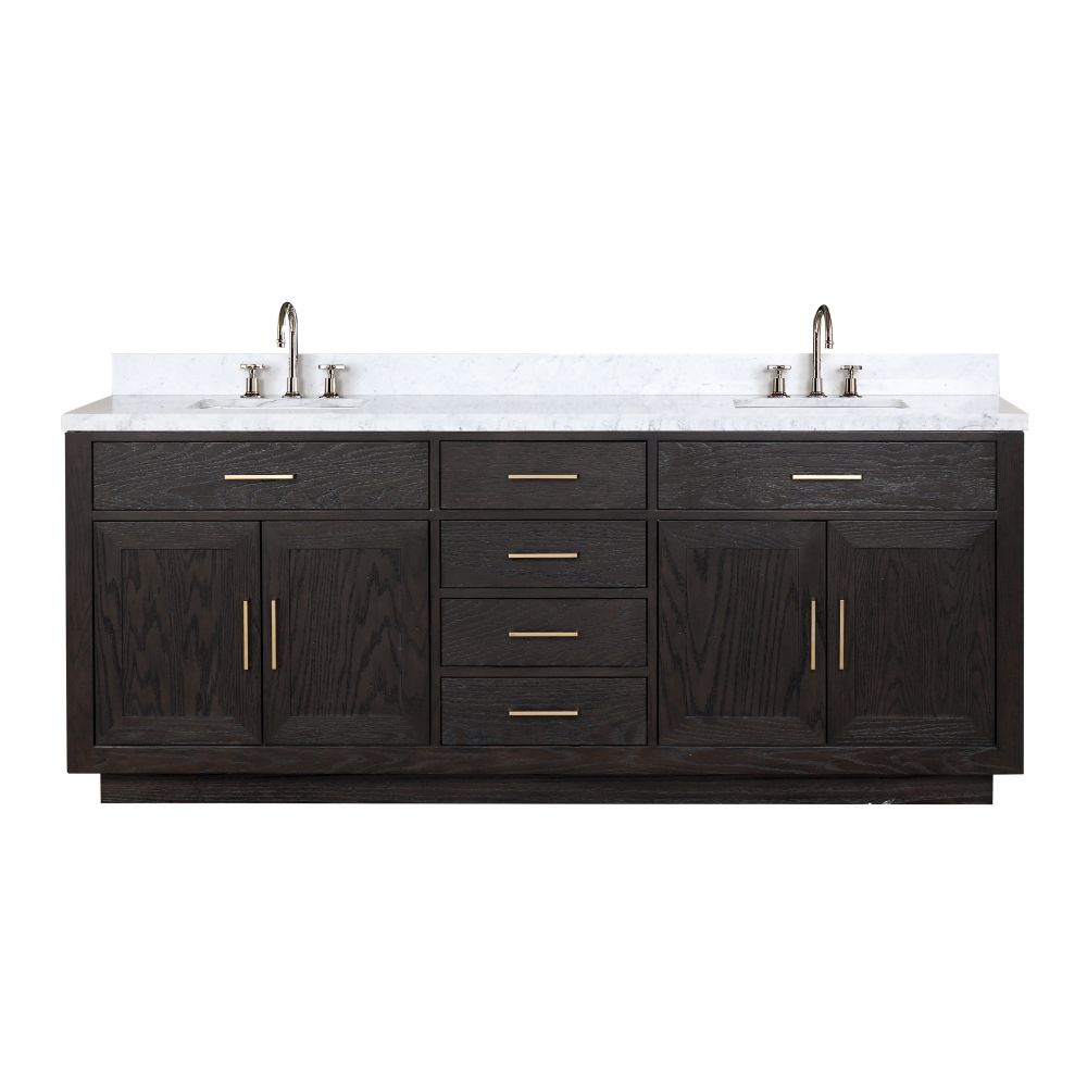 Abbey 84 in W x 22 in. D Black Oak Double Bath Vanity, Carrara Marble Top, and Faucet Set