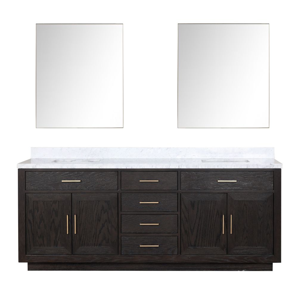 Abbey 84 in W x 22 in. D Black Oak Double Bath Vanity, Carrara Marble Top, and 36 in Mirrors