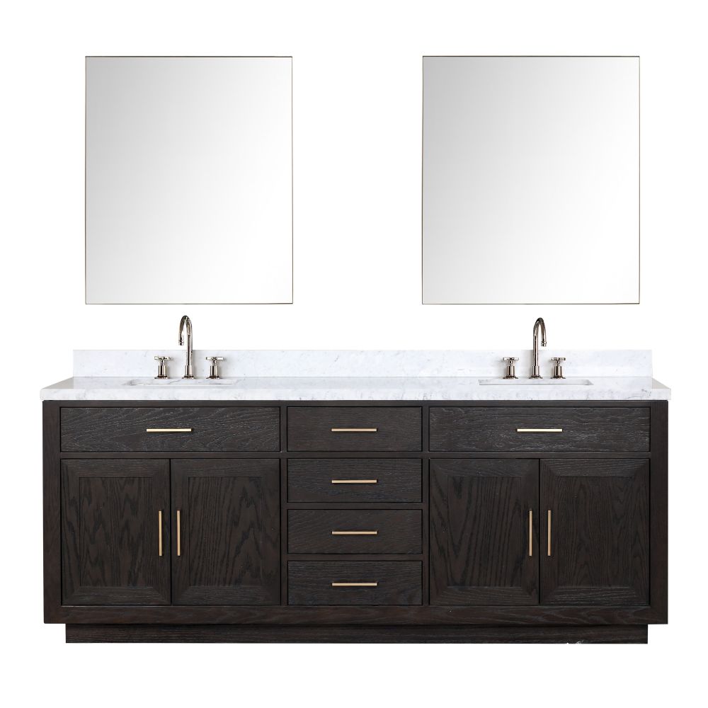 Abbey 84 in W x 22 in. D Black Oak Double Bath Vanity, Carrara Marble Top, Faucet Set, and 36 in Mirrors