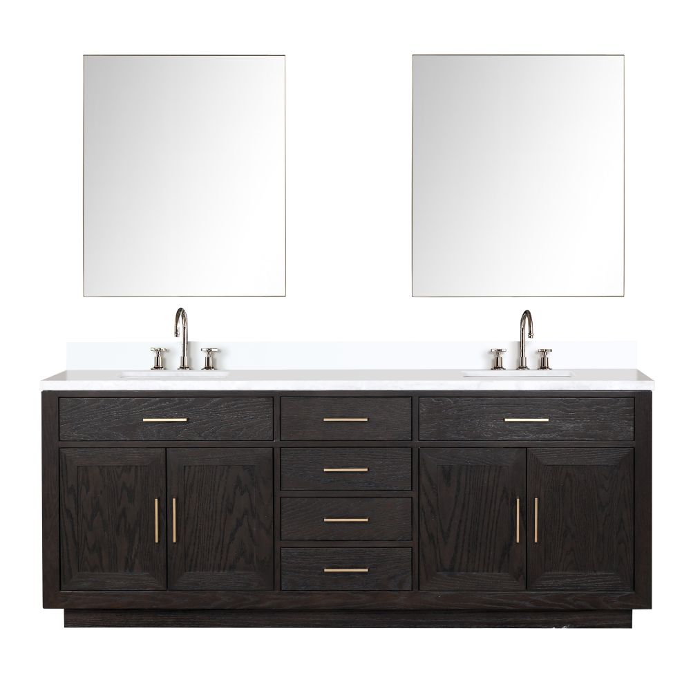 Abbey 84 in W x 22 in. D Black Oak Double Bath Vanity, White Quartz Top, Faucet Set, and 36 in Mirrors