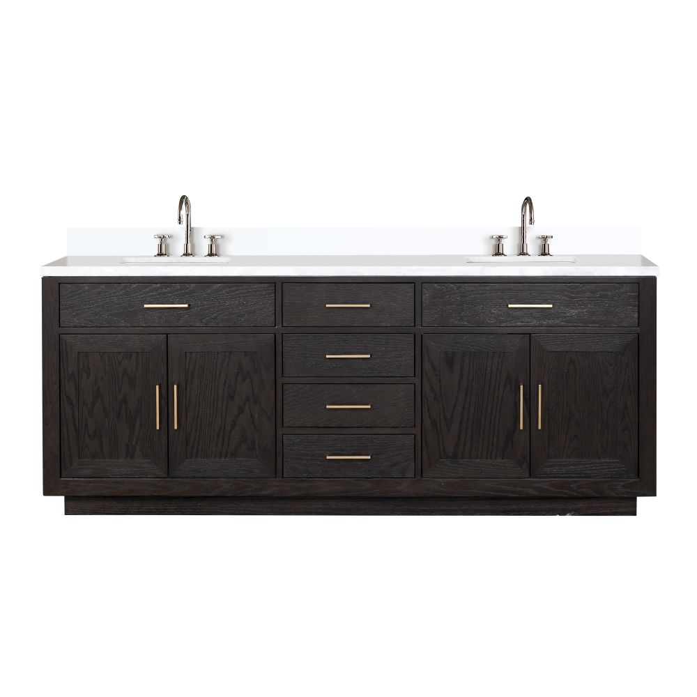 Abbey 84 in W x 22 in. D Black Oak Double Bath Vanity, Cultured Marble Top, and Faucet Set