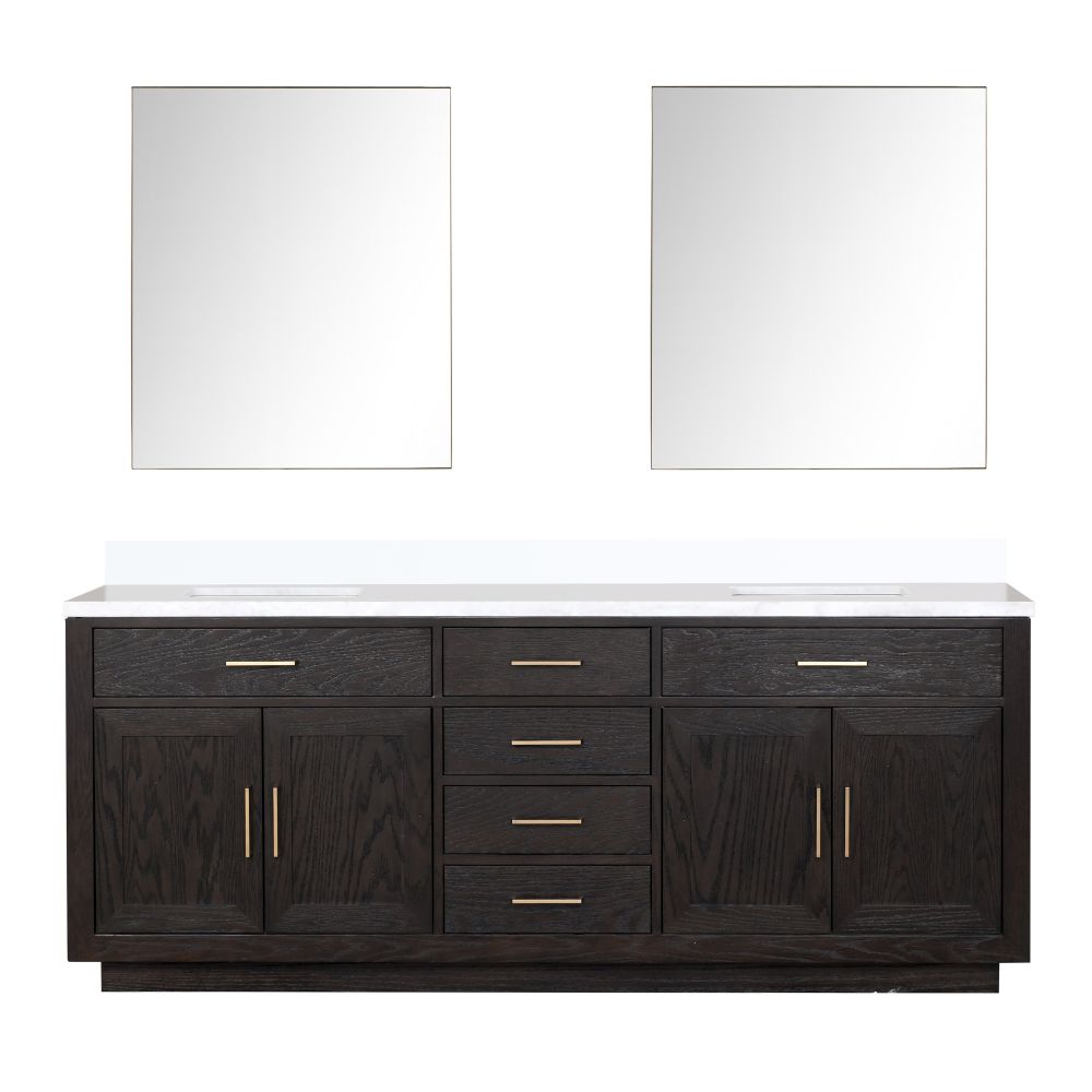 Abbey 84 in W x 22 in. D Black Oak Double Bath Vanity, Cultured Marble Top, and 36 in Mirrors