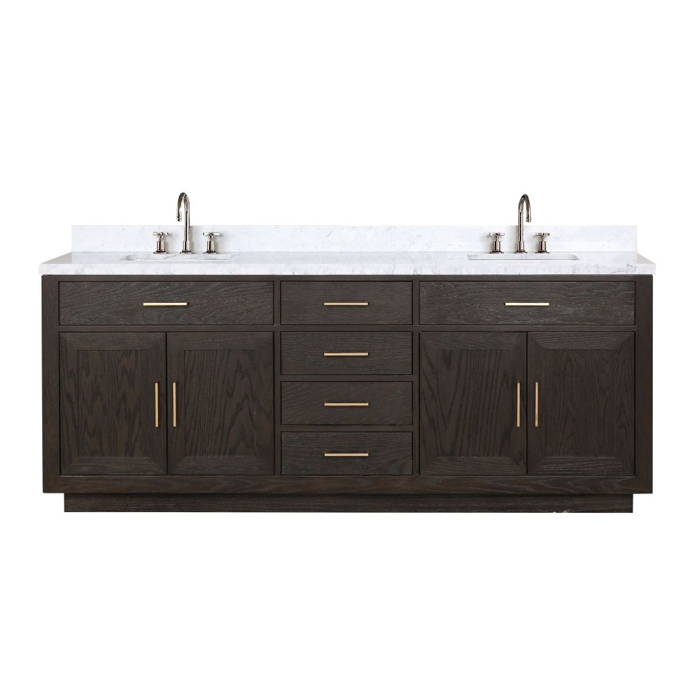 Abbey 84 in W x 22 in. D Brown Oak Double Bath Vanity, Carrara Marble Top, and Faucet Set